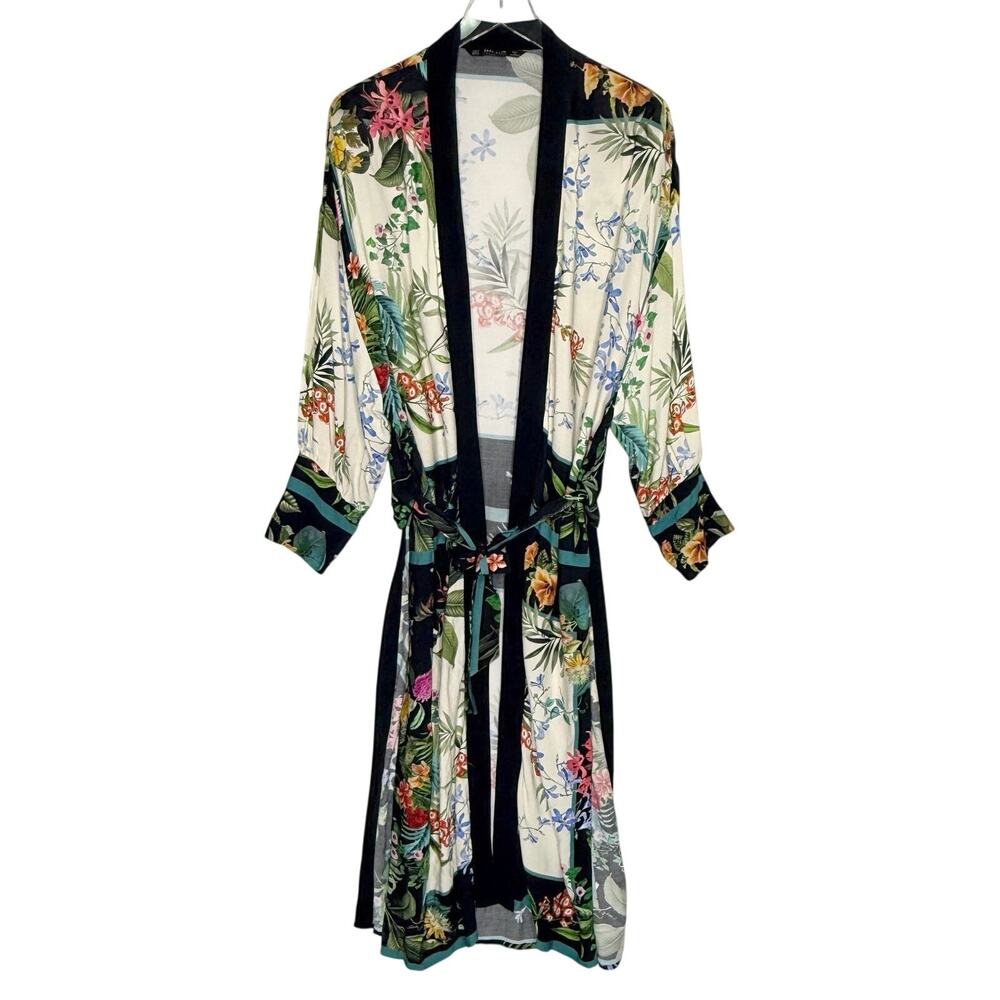 Zara Basic Collection Floral Print Kimono Robe M Belted Duster Multicolor